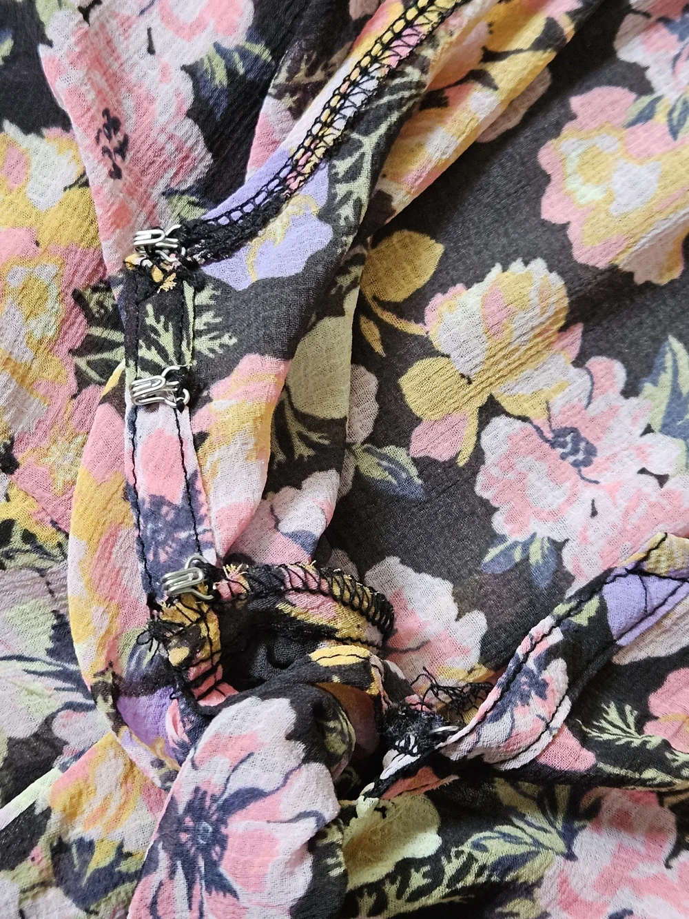 Free People Black Floral Tie-Front Blouse with Pink & Yellow Blooms